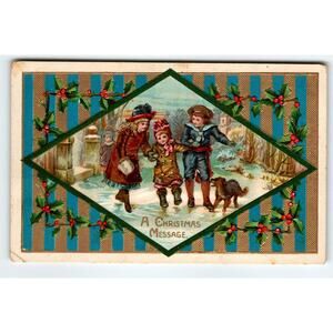 Christmas Postcard Dog Children Blue Gold Stripes Vintage United Art Germany